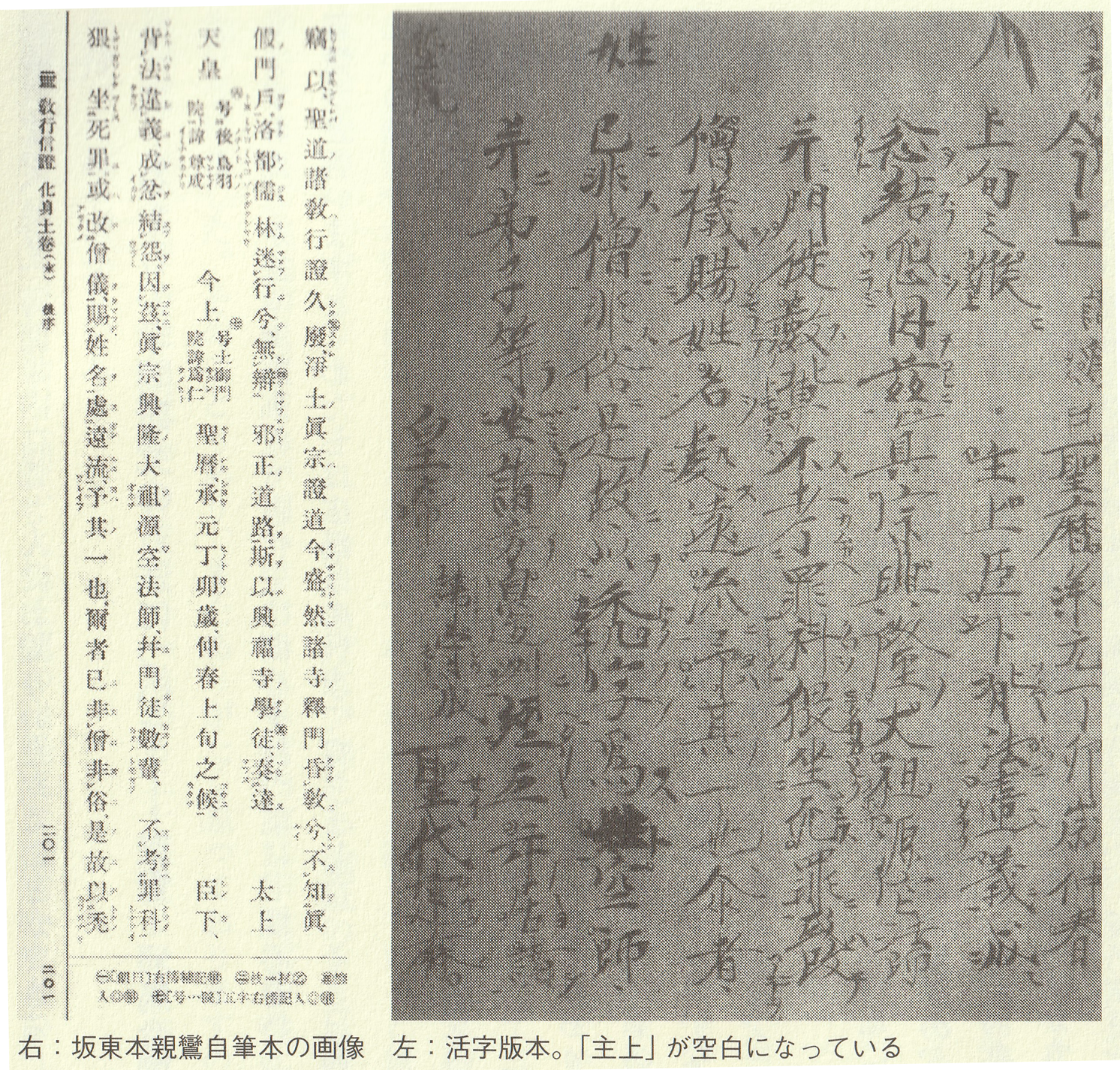 右:坂東本親鸞自筆本の画像 左:活字版本。「主上が空白になっている」